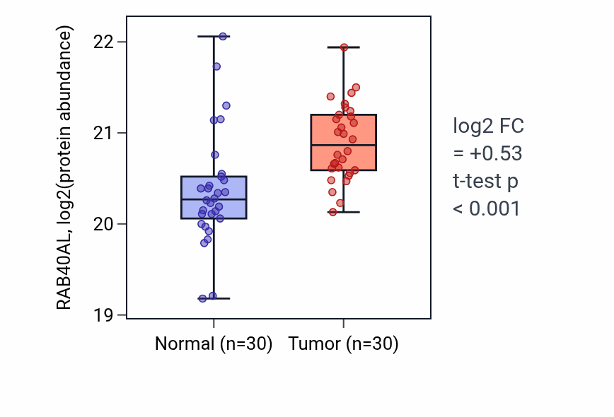 Tumor-vs-normal mass-spec protein box plot for RAB40AL in HNSC.