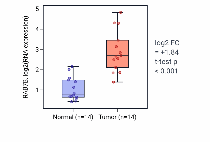 Tumor-vs-normal expression box plot for RAB7B RNA in KIRC.