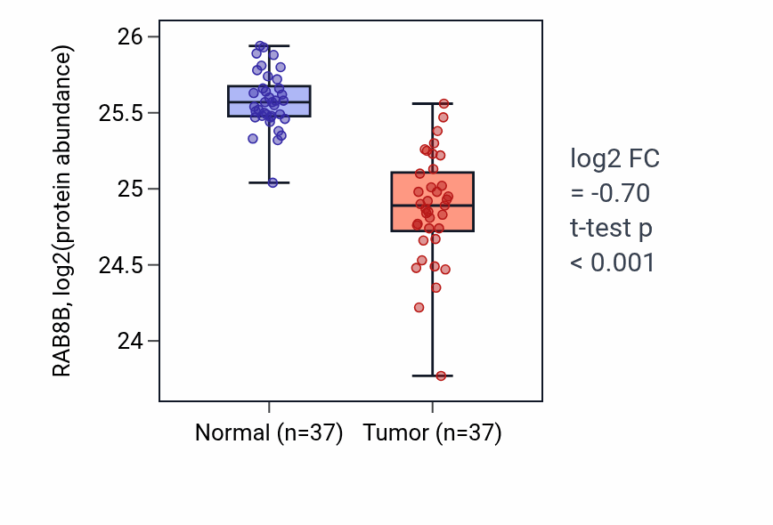 Tumor-vs-normal mass-spec protein box plot for RAB8B in LUAD.