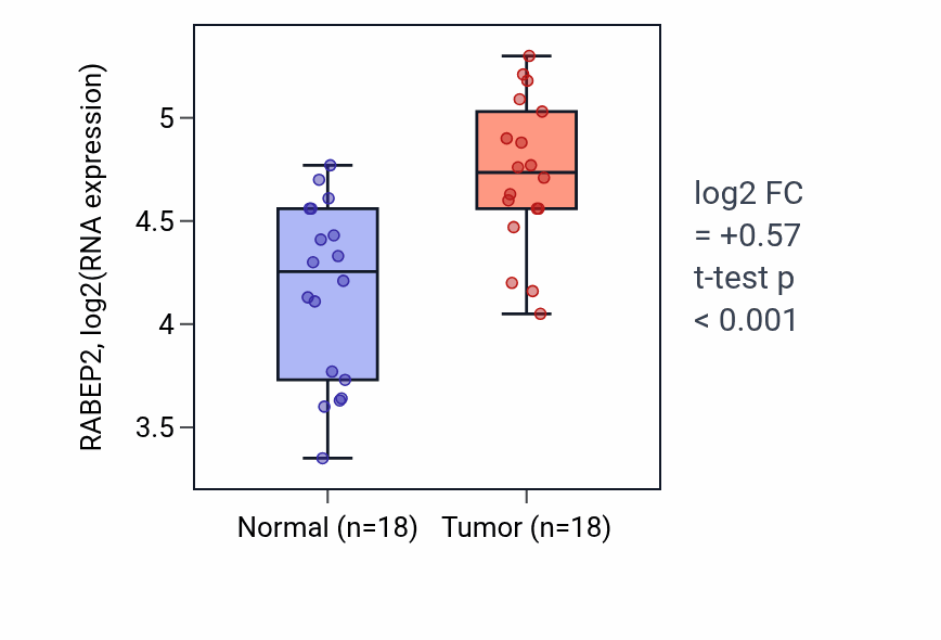 Tumor-vs-normal expression box plot for RABEP2 RNA in BLCA.