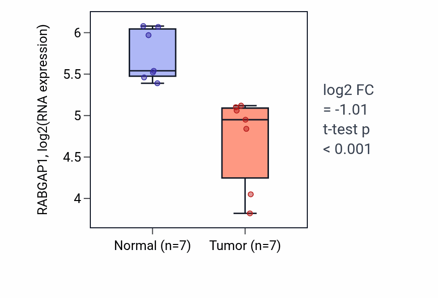 Tumor-vs-normal expression box plot for RABGAP1 RNA in THCA.