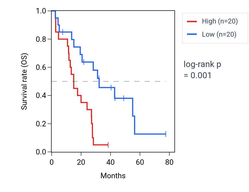 Kaplan&ndash;Meier survival curve for RABL2B RNA expression in MESO: high vs low expression groups.