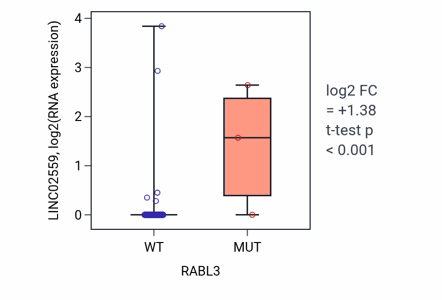 Box plot of LINC02559 in RABL3-low vs RABL3-high samples in CESC.