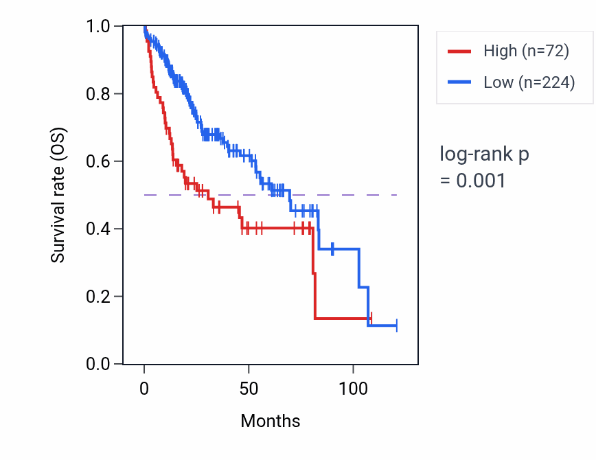 Kaplan&ndash;Meier survival curve for RAC1P4 RNA expression in LIHC: high vs low expression groups.