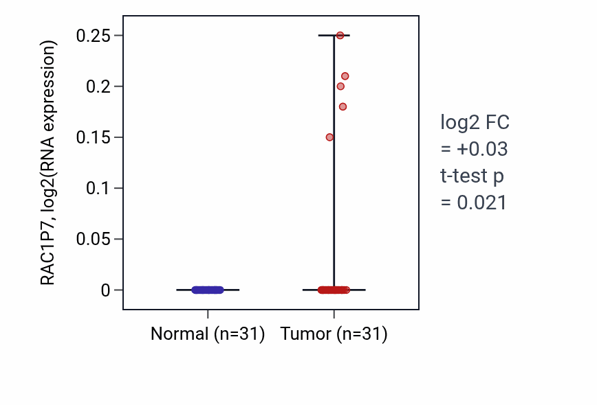 Tumor-vs-normal expression box plot for RAC1P7 in KIRP.