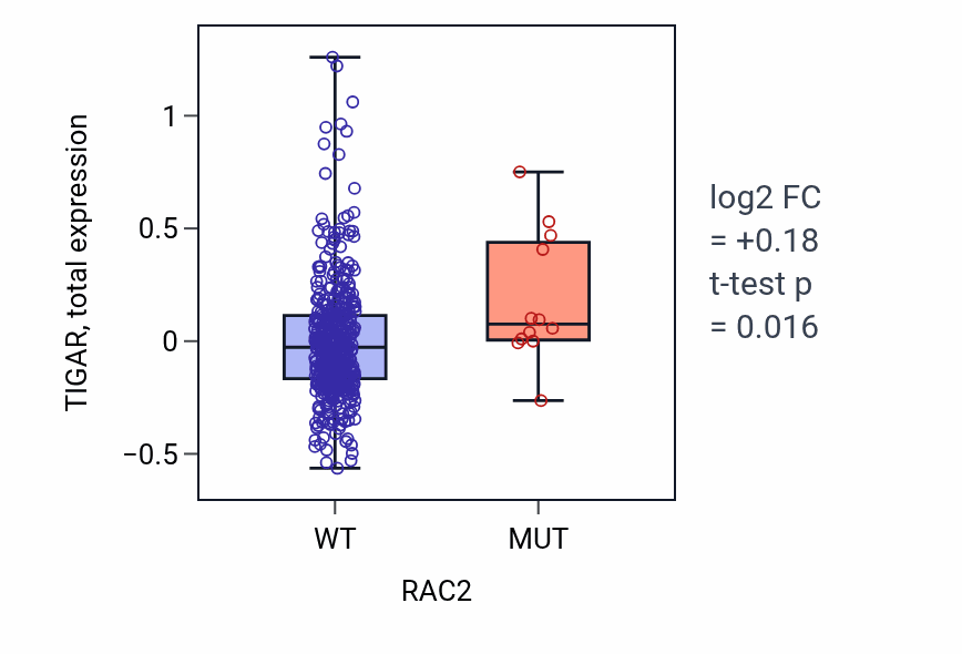 Box plot of TIGAR in RAC2-low vs RAC2-high samples in UCEC.