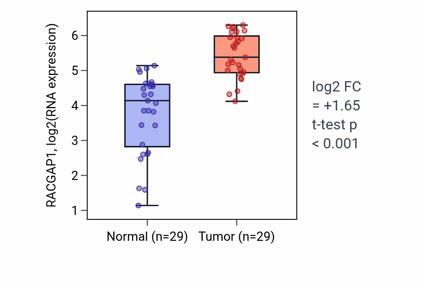 Tumor-vs-normal expression box plot for RACGAP1 RNA in HNSC.