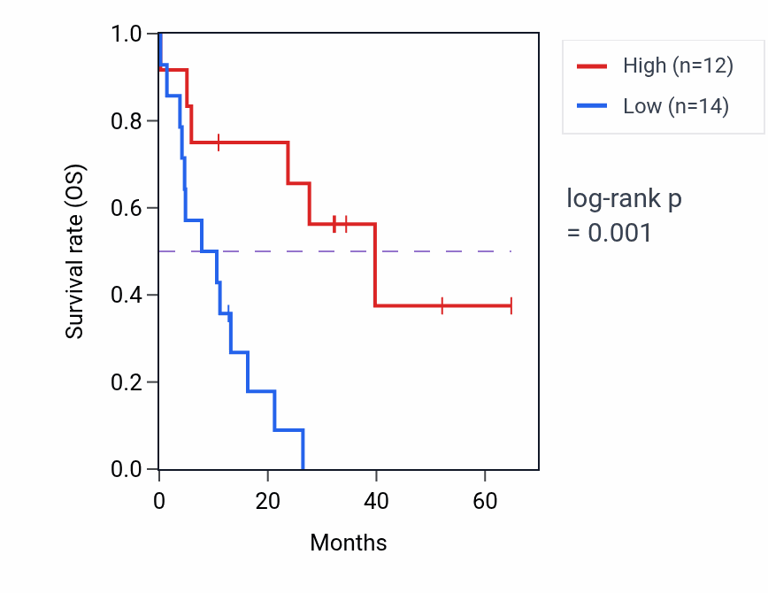 Kaplan&ndash;Meier survival curve for RAD1 mass-spec protein-high vs -low samples in GBM.
