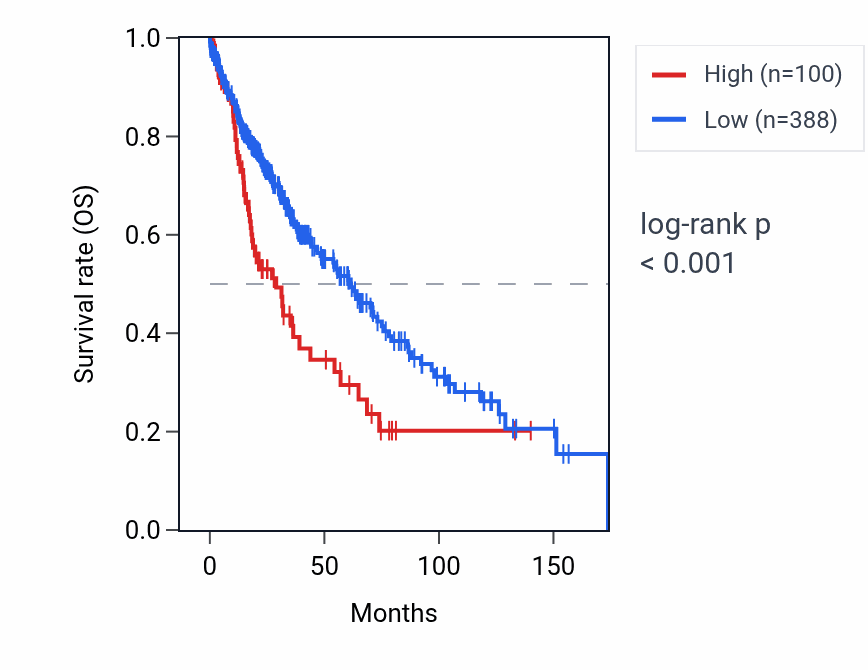Kaplan&ndash;Meier survival curve for RAD17P2 RNA expression in LUSC: high vs low expression groups.