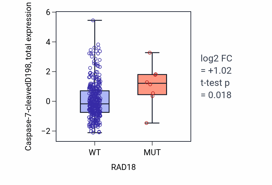 Box plot of Caspase-7-cleavedD198 in RAD18-low vs RAD18-high samples in COAD.