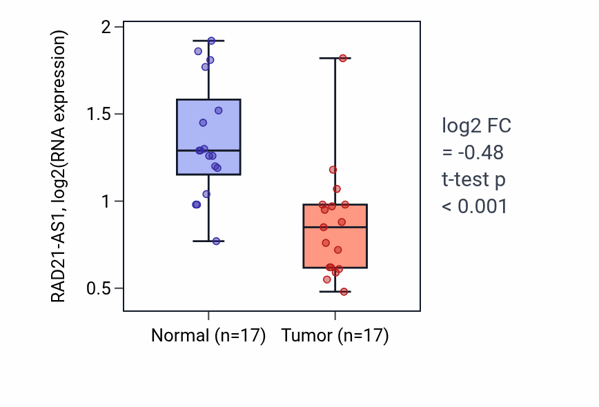Tumor-vs-normal expression box plot for RAD21-AS1 in THCA.