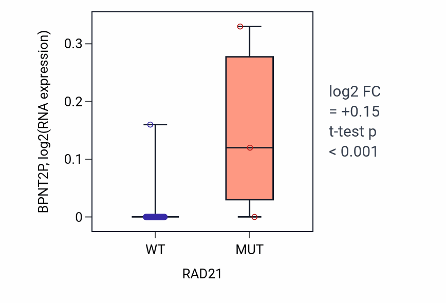 Box plot of BPNT2P in RAD21-low vs RAD21-high samples in READ.