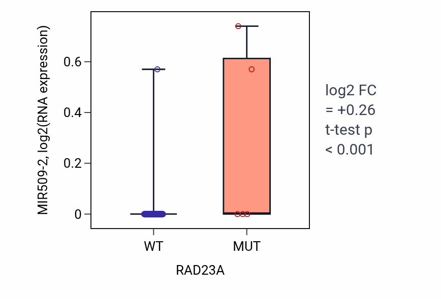 Box plot of MIR509-2 in RAD23A-low vs RAD23A-high samples in BLCA.