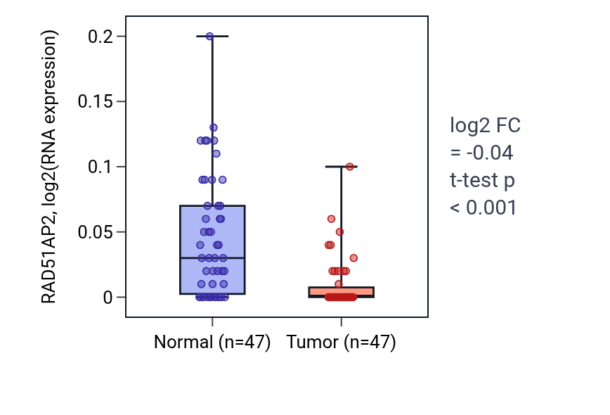 Tumor-vs-normal expression box plot for RAD51AP2 in KIRC.