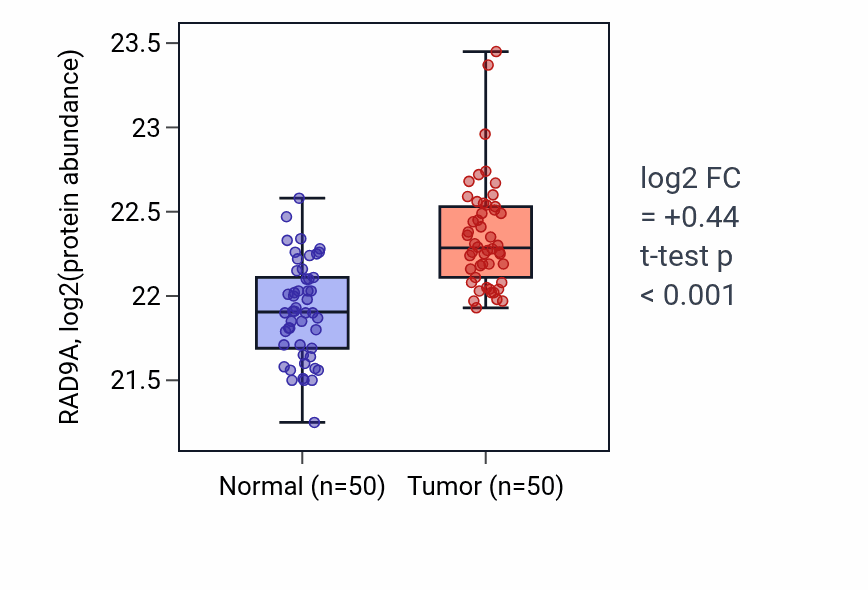 Tumor-vs-normal mass-spec protein box plot for RAD9A in LSCC.