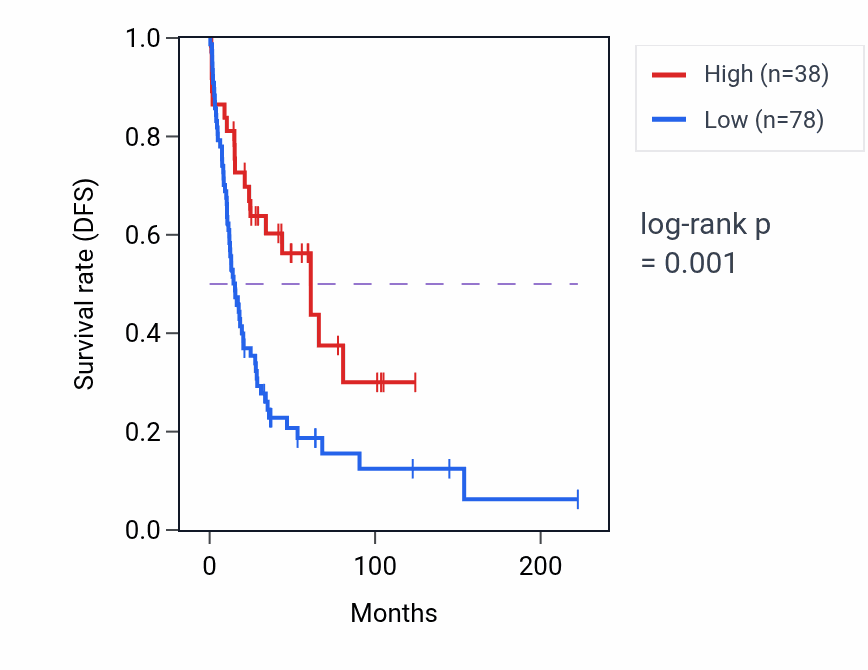Kaplan&ndash;Meier survival curve for RAI1-AS1 RNA expression in SKCM: high vs low expression groups.