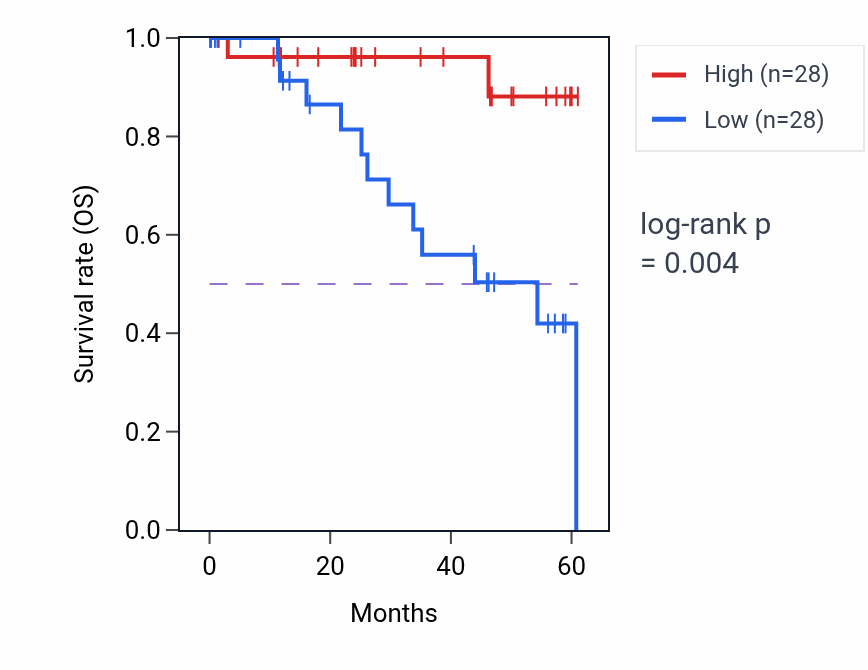 Kaplan&ndash;Meier survival curve for RAI1 mass-spec protein-high vs -low samples in LSCC.