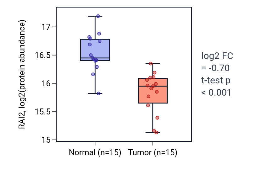 Tumor-vs-normal mass-spec protein box plot for RAI2 in LSCC.
