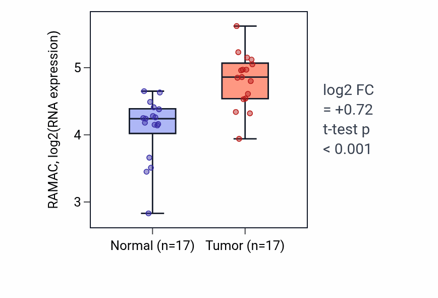 Tumor-vs-normal expression box plot for RAMAC RNA in HNSC.