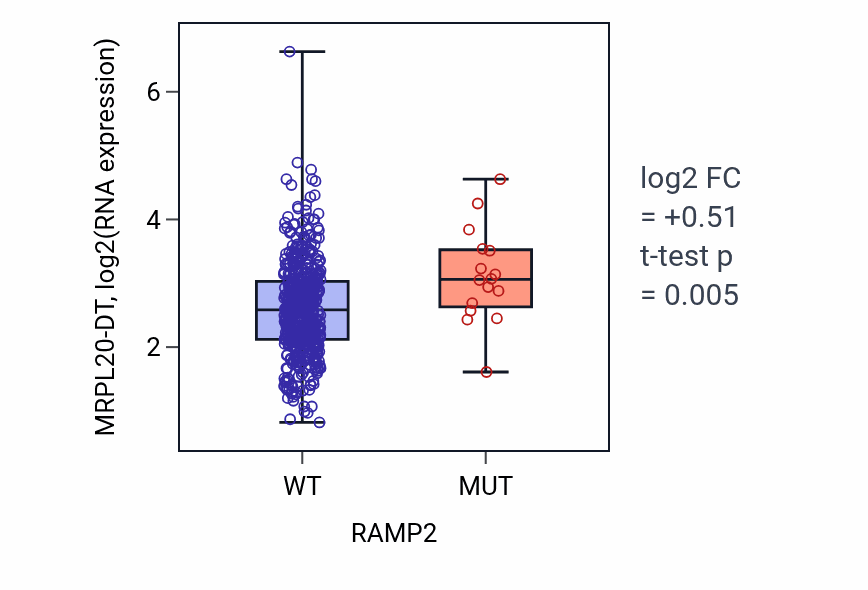 Box plot of MRPL20-DT in RAMP2-low vs RAMP2-high samples in UCEC.
