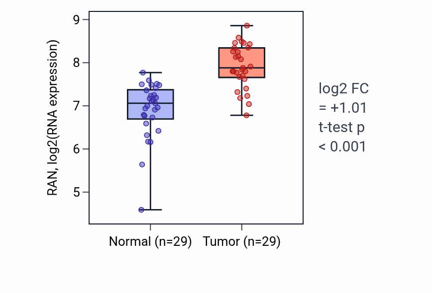Tumor-vs-normal expression box plot for RAN RNA in HNSC.