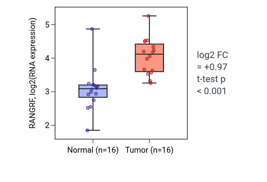 Tumor-vs-normal expression box plot for RANGRF RNA in HNSC.
