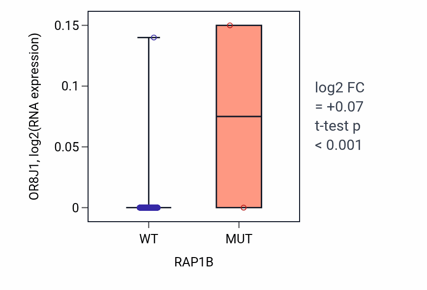 Box plot of OR8J1 in RAP1B-low vs RAP1B-high samples in COAD.
