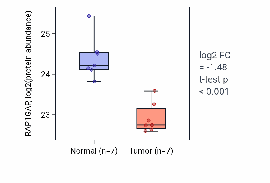 Tumor-vs-normal mass-spec protein box plot for RAP1GAP in CCRCC.