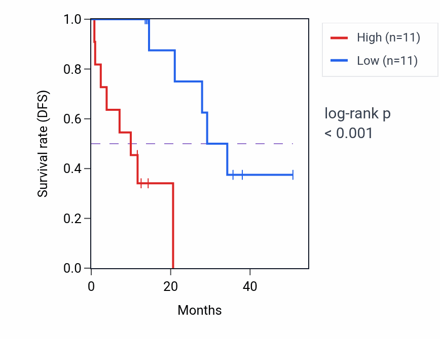 Kaplan&ndash;Meier survival curve for RAP2A mass-spec protein-high vs -low samples in LUAD.
