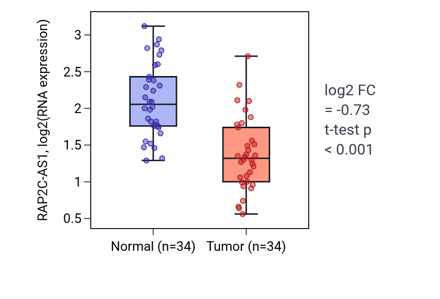 Tumor-vs-normal expression box plot for RAP2C-AS1 RNA in KIRC.