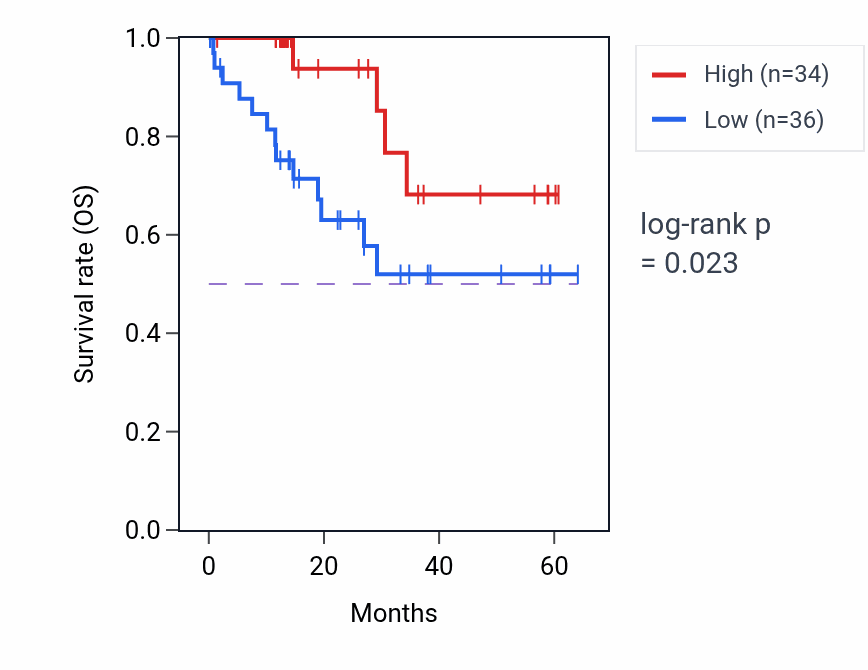 Kaplan&ndash;Meier survival curve for RAP2C mass-spec protein-high vs -low samples in LUAD.