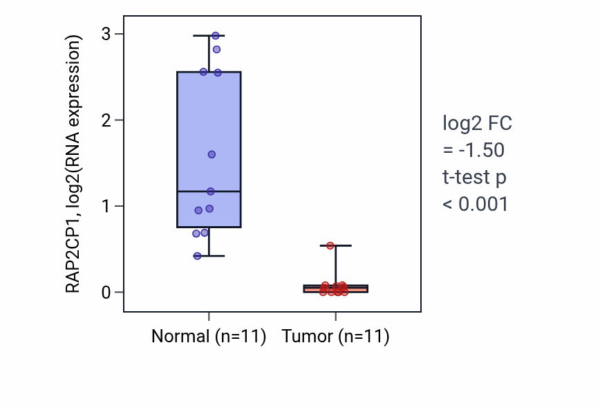 Tumor-vs-normal expression box plot for RAP2CP1 RNA in KICH.