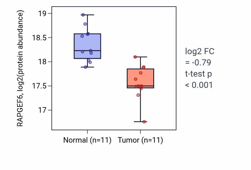 Tumor-vs-normal mass-spec protein box plot for RAPGEF6 in LUAD.