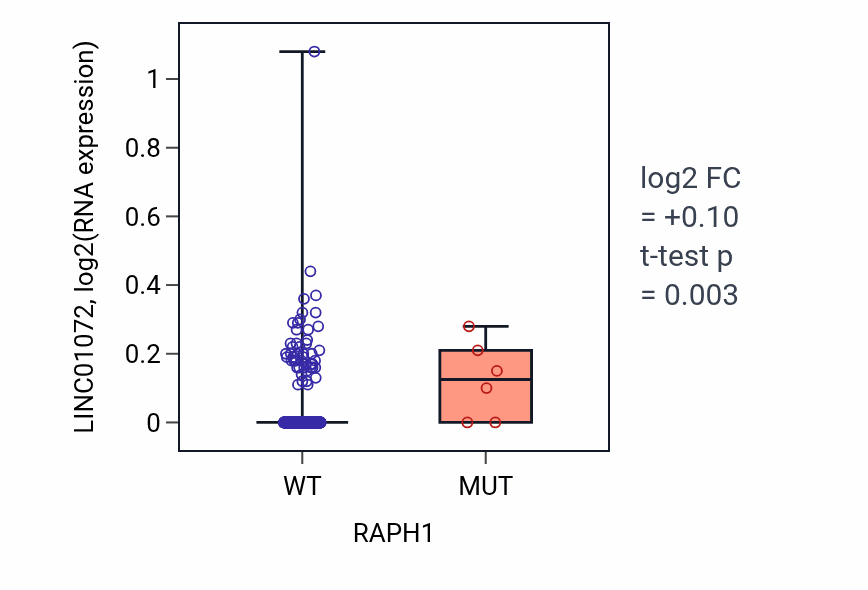 Box plot of LINC01072 in RAPH1-low vs RAPH1-high samples in LUSC.