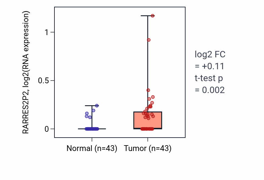 Tumor-vs-normal expression box plot for RARRES2P2 in HNSC.