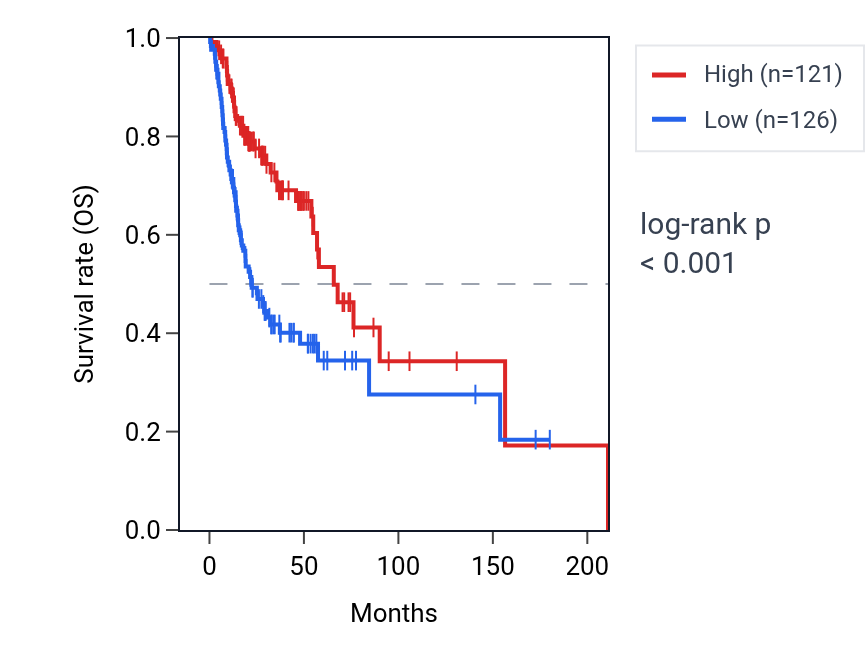 Kaplan&ndash;Meier survival curve for RASA4CP RNA expression in HNSC: high vs low expression groups.