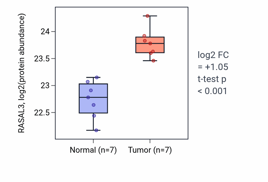 Tumor-vs-normal mass-spec protein box plot for RASAL3 in CCRCC.