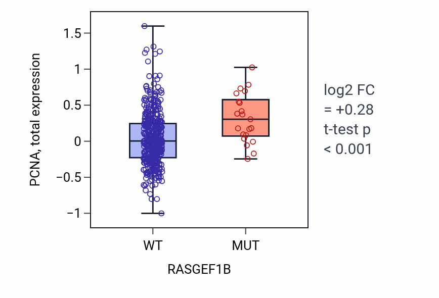 Box plot of PCNA in RASGEF1B-low vs RASGEF1B-high samples in UCEC.