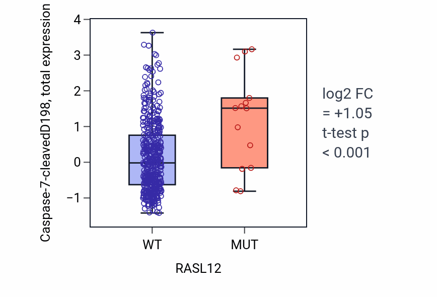 Box plot of Caspase-7-cleavedD198 in RASL12-low vs RASL12-high samples in UCEC.