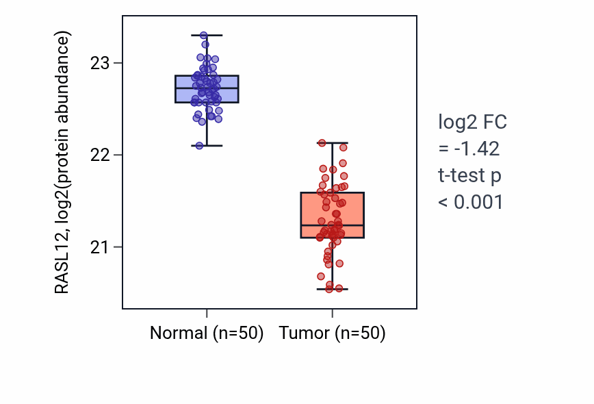 Tumor-vs-normal mass-spec protein box plot for RASL12 in LSCC.