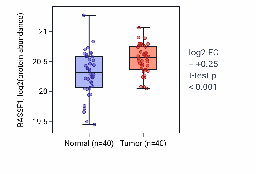 Tumor-vs-normal mass-spec protein box plot for RASSF1 in HNSC.