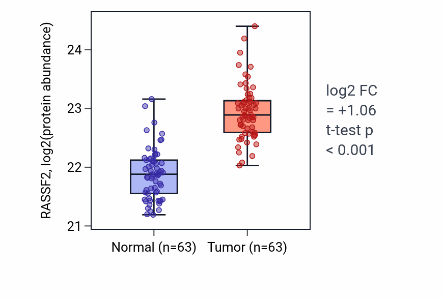 Tumor-vs-normal mass-spec protein box plot for RASSF2 in CCRCC.