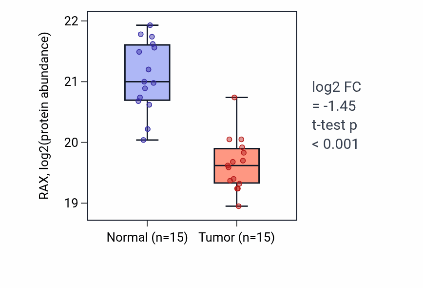 Tumor-vs-normal mass-spec protein box plot for RAX in HNSC.