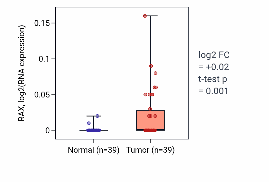 Tumor-vs-normal expression box plot for RAX RNA in COAD.