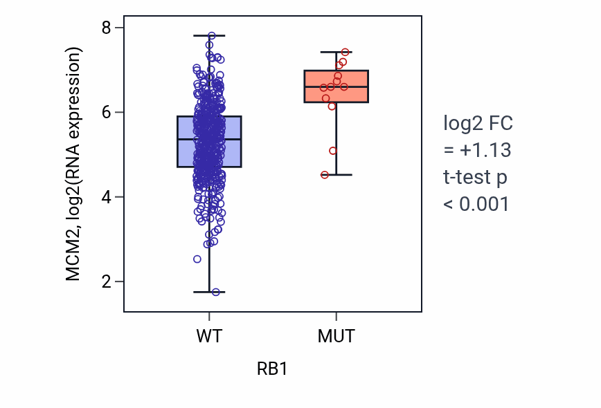 Box plot of MCM2 in RB1-low vs RB1-high samples in SKCM.