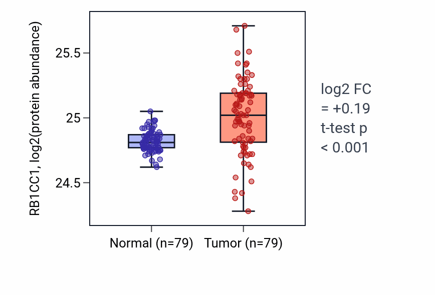 Tumor-vs-normal mass-spec protein box plot for RB1CC1 in LSCC.