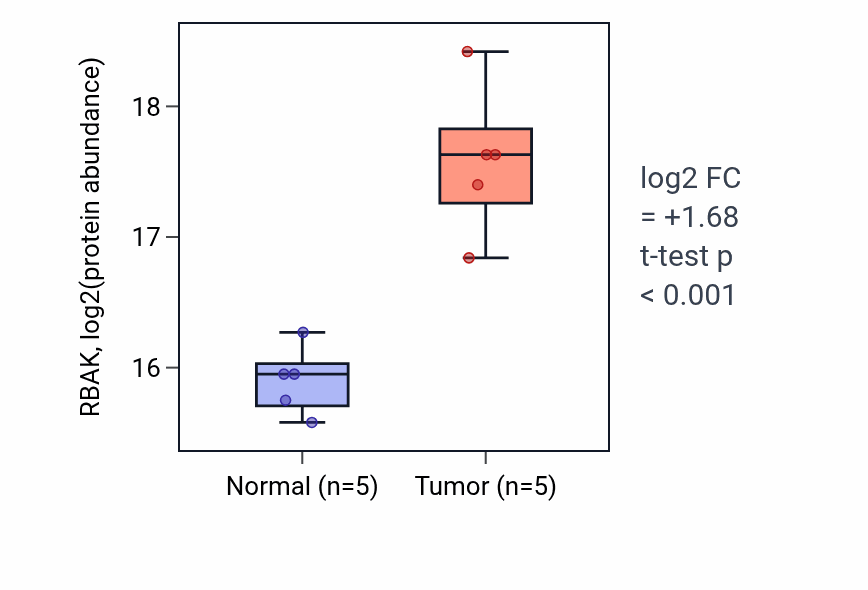 Tumor-vs-normal mass-spec protein box plot for RBAK in LUAD.