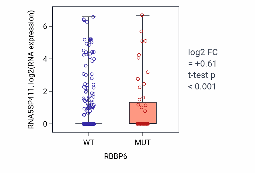 Box plot of RNA5SP411 in RBBP6-low vs RBBP6-high samples in UCEC.