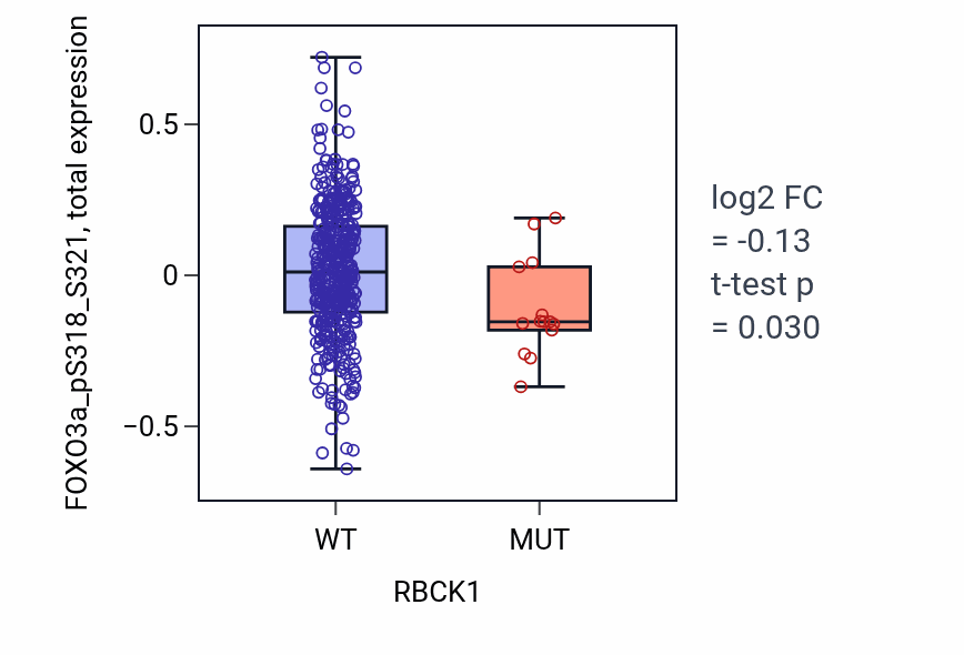Box plot of FOXO3a_pS318_S321 in RBCK1-low vs RBCK1-high samples in UCEC.