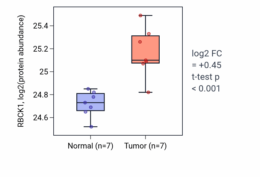 Tumor-vs-normal mass-spec protein box plot for RBCK1 in CCRCC.